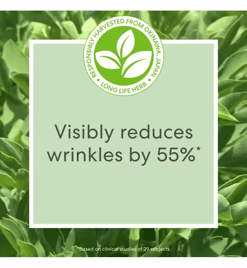 Long Life Herb serum benefits: Visibly reduces wrinkles by 55%, harvested from Okinawa, Japan.
