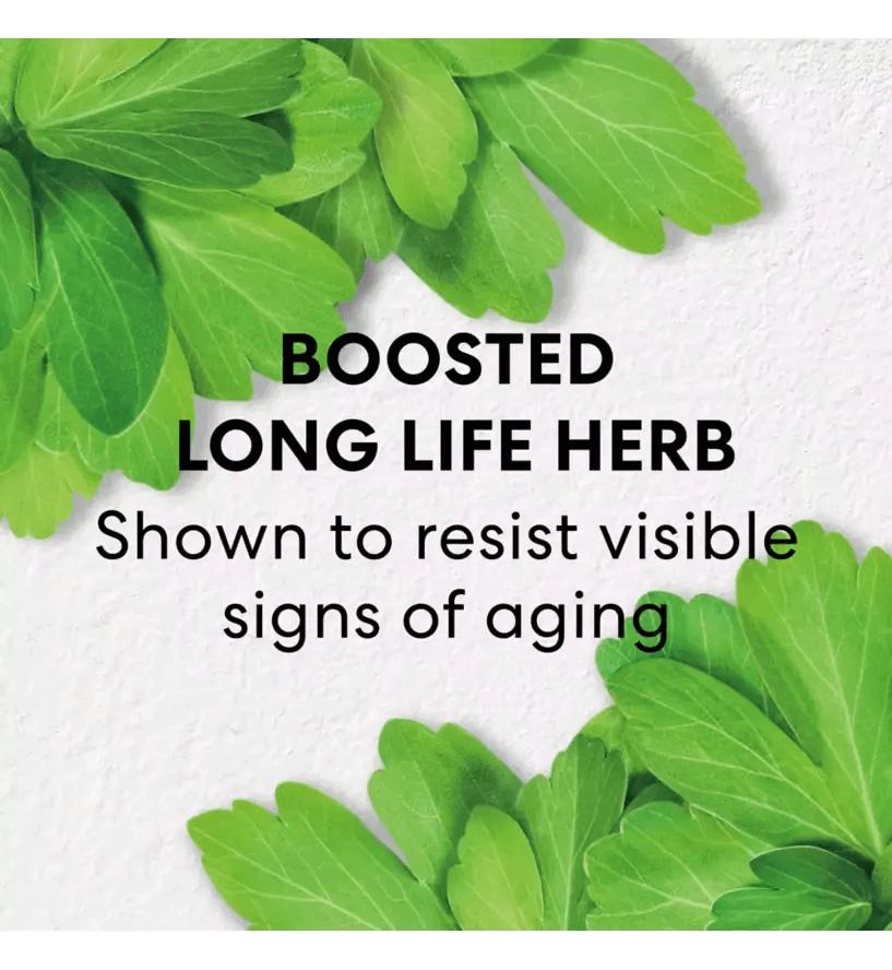 Text highlighting boosted Long Life Herb, effective in resisting visible signs of aging, surrounded by green leaves.