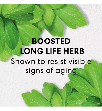Text highlighting boosted Long Life Herb, effective in resisting visible signs of aging, surrounded by green leaves.