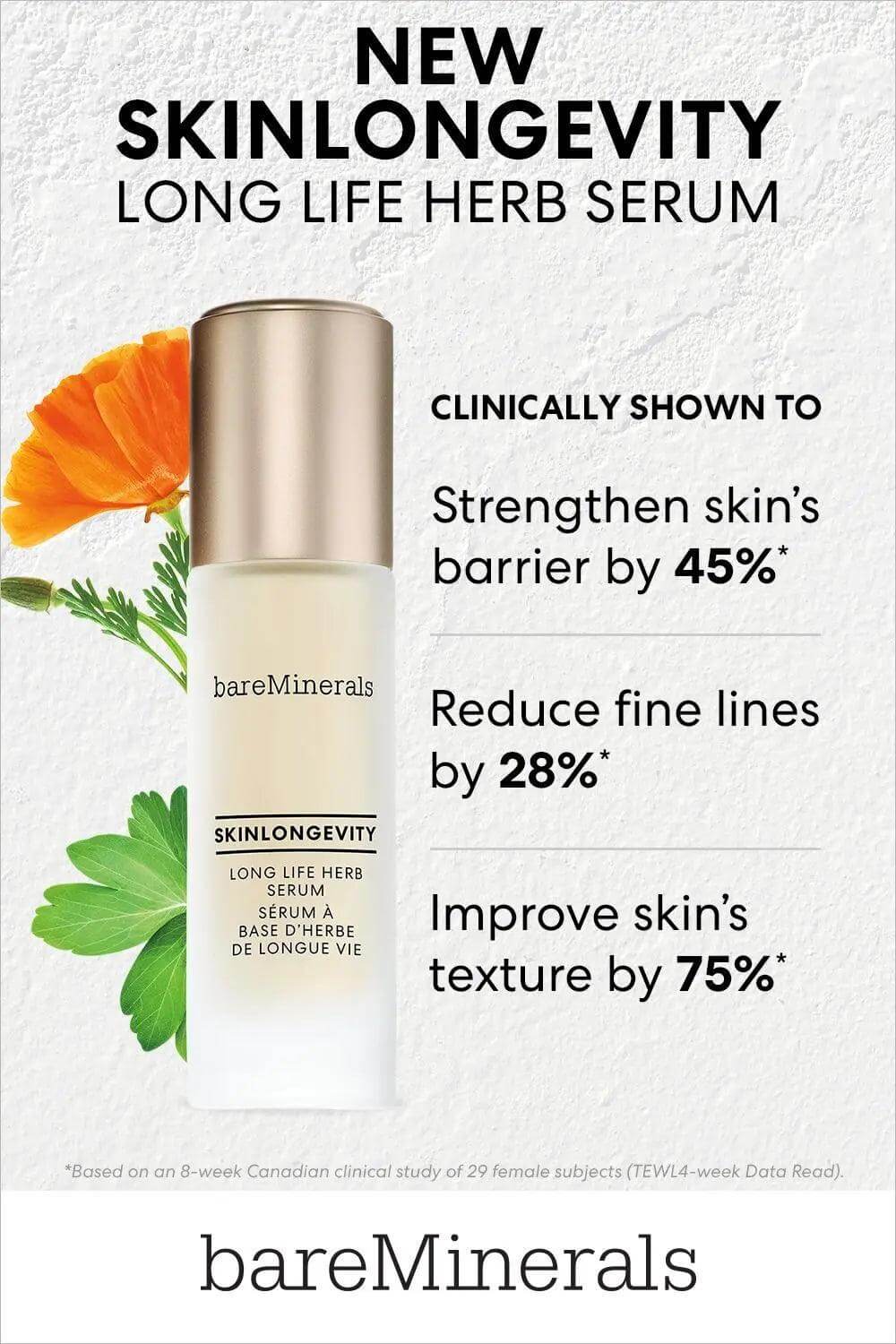 Bareminerals Skinlongevity Long Life Herb Serum promoting skin barrier strength, fine line reduction, and improved texture.
