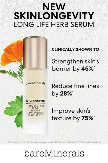 Bareminerals Skinlongevity Long Life Herb Serum promoting skin barrier strength, fine line reduction, and improved texture.