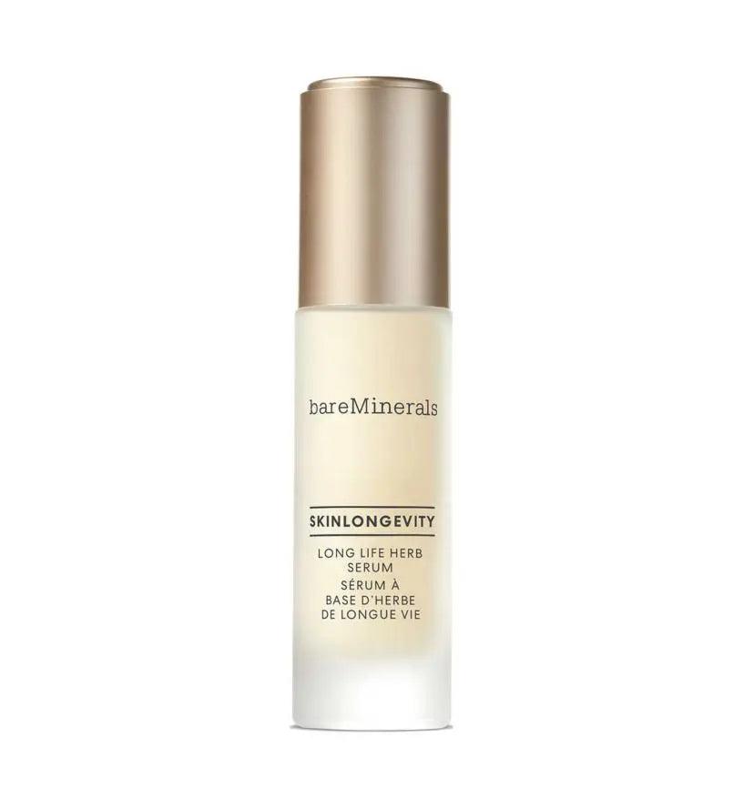 Bareminerals Skinlongevity Long Life Herb Serum 30ml bottle with a sleek design for anti-aging benefits.