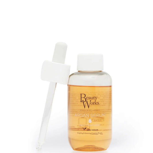 Beauty Works Argan Oil Serum 90ml with dropper, designed for smooth and glossy hair, enriched with nourishing argan oil.