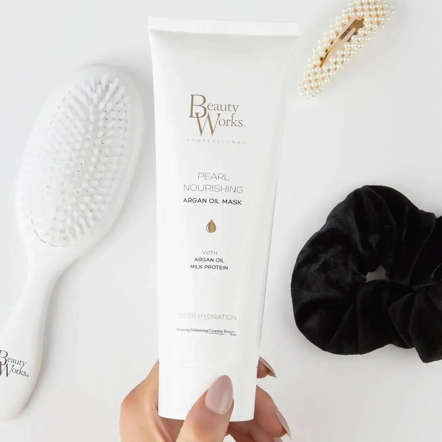 Beauty Works Pearl Nourishing Mask with Argan Oil and Milk Protein for deep hair hydration and nourishment, 250ml tube.