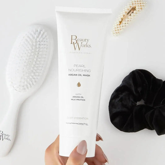 Beauty Works Pearl Nourishing Mask with Argan Oil and Milk Protein for deep hair hydration and nourishment, 250ml tube.
