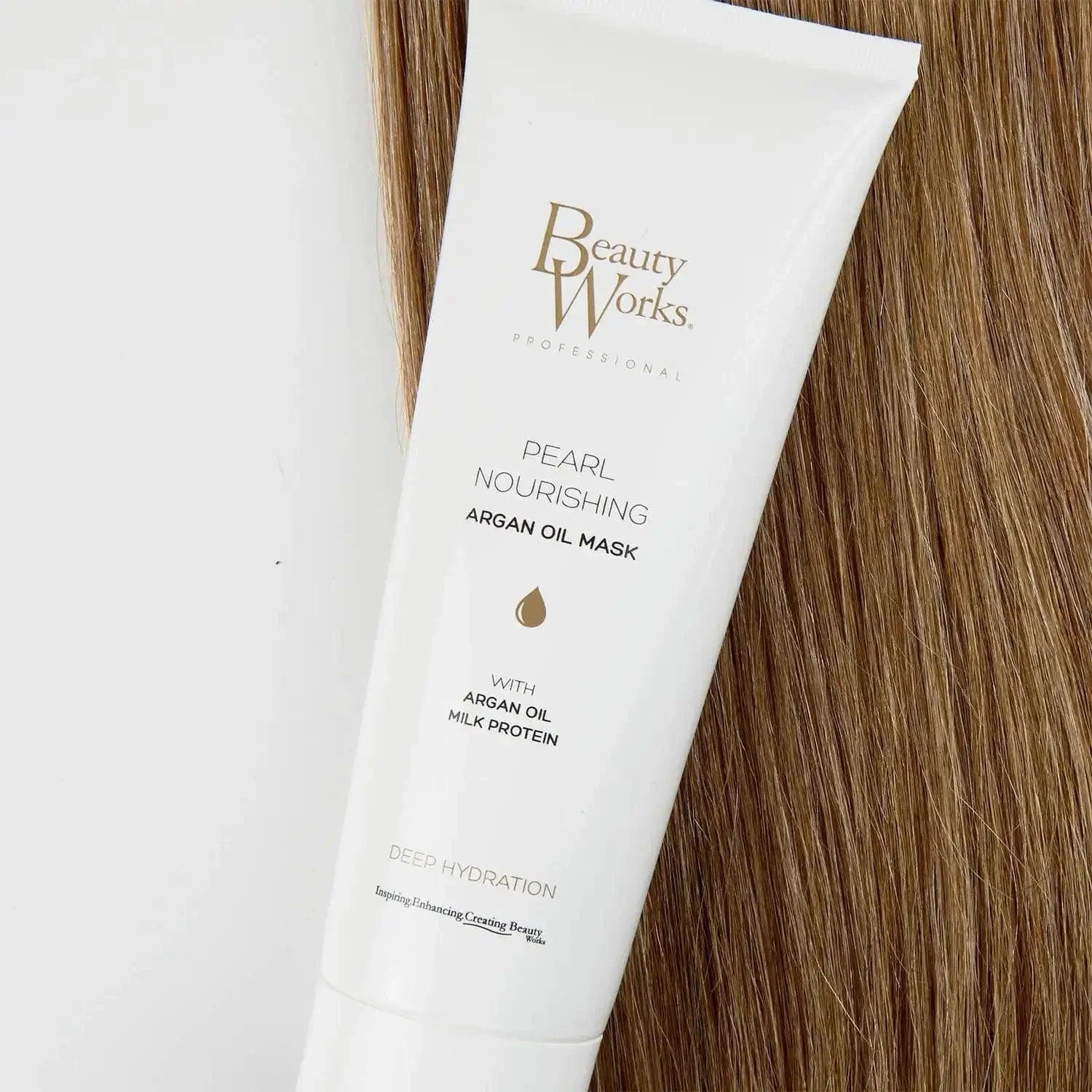 Beauty Works Pearl Nourishing Argan Oil Mask 250ml for deep hydration and hair repair with organic ingredients.