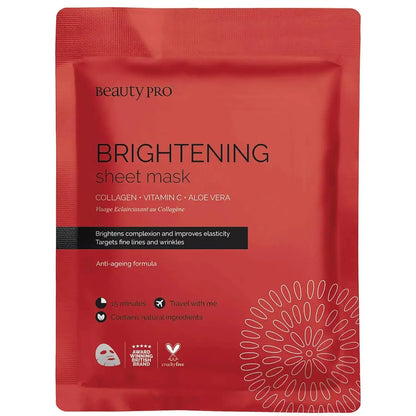 BeautyPro Brightening Collagen Sheet Mask with Vitamin C for youthful skin, targets fine lines and wrinkles.