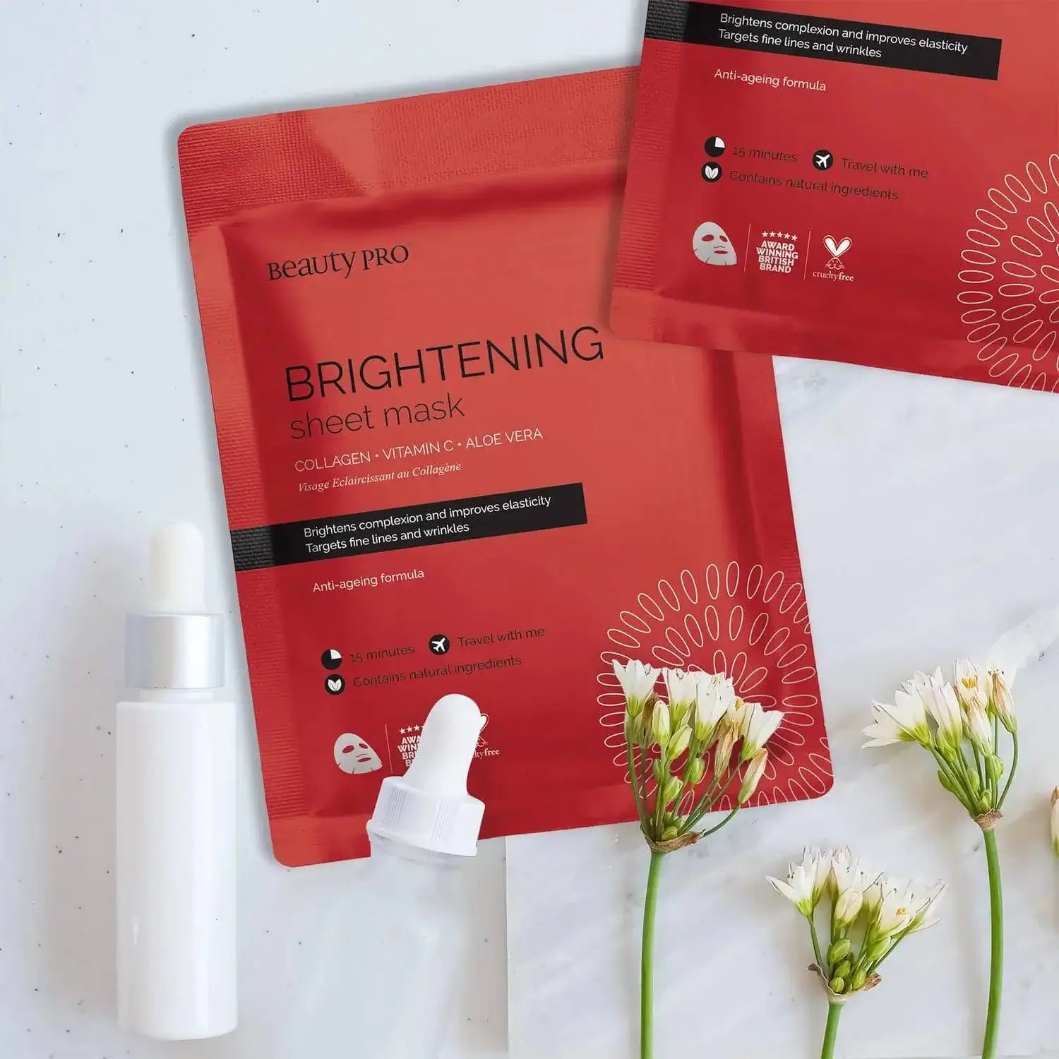 BeautyPro Brightening Collagen Sheet Mask with Vitamin C, anti-aging formula, suitable for all skin types.