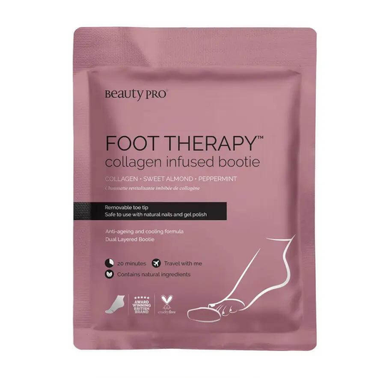 BeautyPro FOOT THERAPY Collagen Infused Bootie packaging with marine collagen and peppermint for foot care.