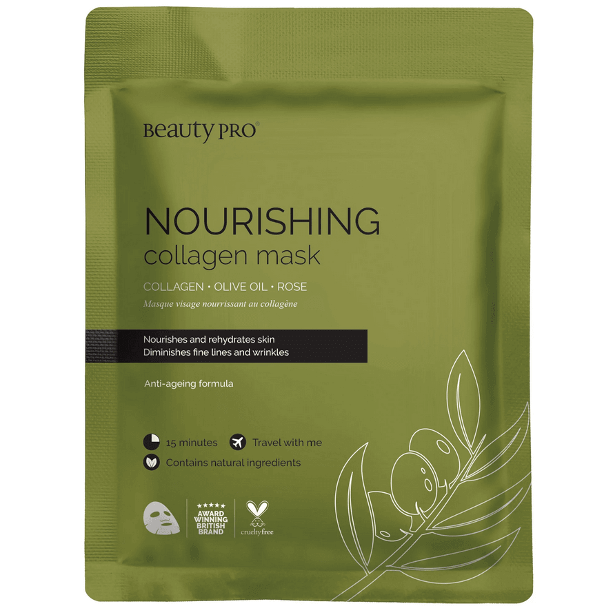 BeautyPro NOURISHING Collagen Sheet Mask packaging, infused with olive oil and rose for intense hydration and anti-aging benefits.