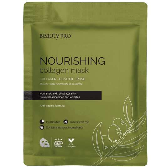 BeautyPro NOURISHING Collagen Sheet Mask packaging, infused with olive oil and rose for intense hydration and anti-aging benefits.
