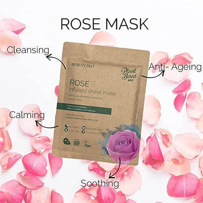 BeautyPro Rose Calming Sheet Mask packaging with rose petals, highlighting cleansing, calming, and anti-aging benefits.