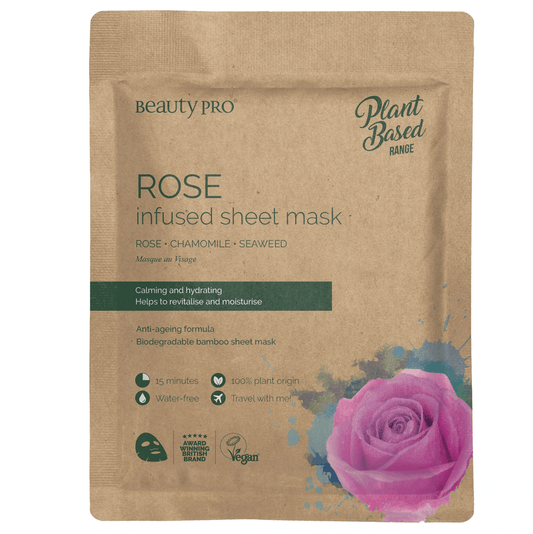 BeautyPro Rose Infused Sheet Mask 22ml pack featuring rose, chamomile, and seaweed for soothing hydration.