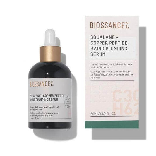 Biossance Squalane and Copper Peptide Rapid Plumping Serum 50ml bottle and box for instant hydration and skin firming.