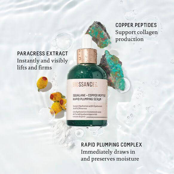 Biossance Squalane and Copper Peptide Rapid Plumping Serum 50ml with copper peptides and hydration benefits.