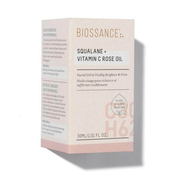 Biossance Squalane + Vitamin C Rose Oil packaging showcasing brightening and firming skincare benefits.