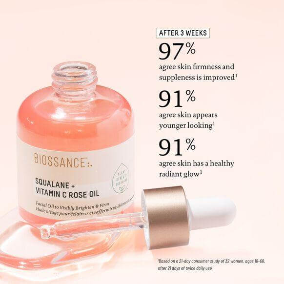 Biossance Squalane + Vitamin C Rose Oil highlighting positive results after 3 weeks of use with firming and radiant skin statistics.