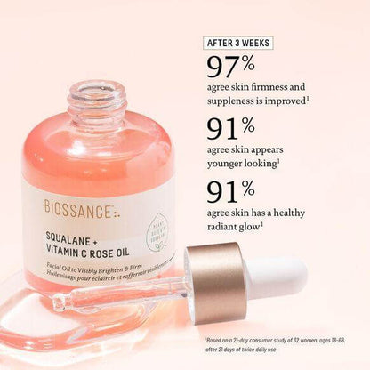 Biossance Squalane + Vitamin C Rose Oil highlighting positive results after 3 weeks of use with firming and radiant skin statistics.