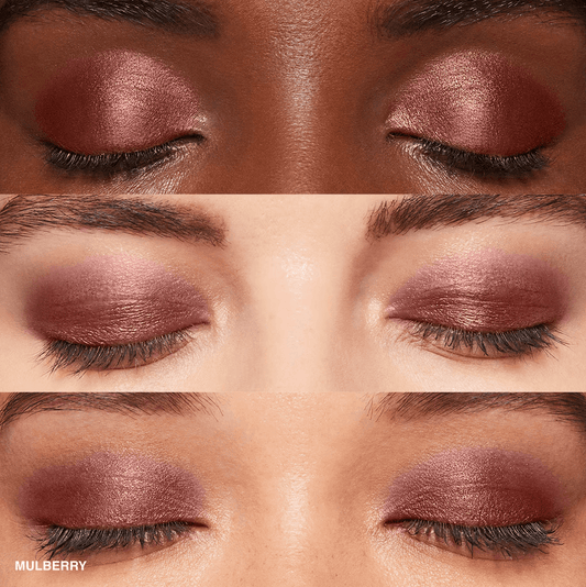 Three close-up views of eyelids wearing Bobbi Brown Long-Wear Cream Shadow Stick in Mulberry, showcasing its rich color.