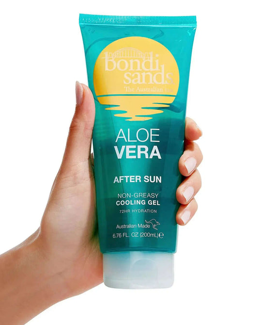 Bondi Sands Aloe Vera After Sun Cooling Gel in hand, 200ml tube providing 72-hour hydration and relief for sun-exposed skin.
