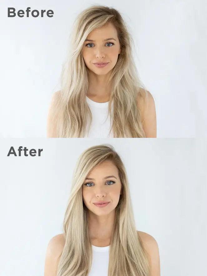 Before and after results of hair transformation using Briogeo Be Gentle, Be Kind Avocado + Kiwi Moisture Mask.