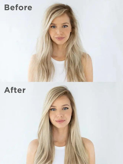 Before and after results of hair transformation using Briogeo Be Gentle, Be Kind Avocado + Kiwi Moisture Mask.