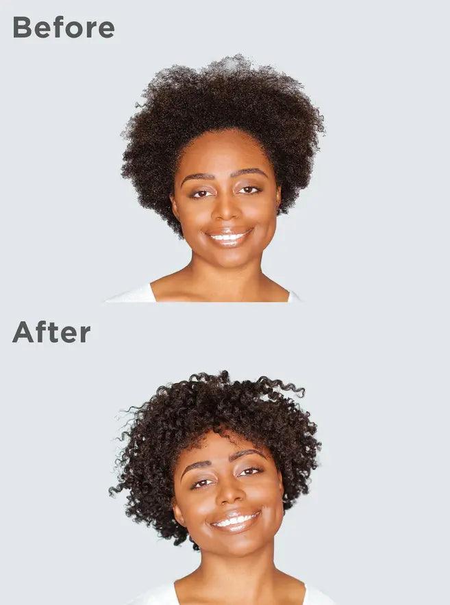 Before and after results of using Briogeo Be Gentle, Be Kind Avocado + Kiwi Mega Moisture Mask on curly hair.