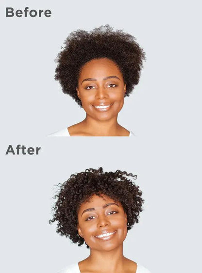 Before and after results of using Briogeo Be Gentle, Be Kind Avocado + Kiwi Mega Moisture Mask on curly hair.