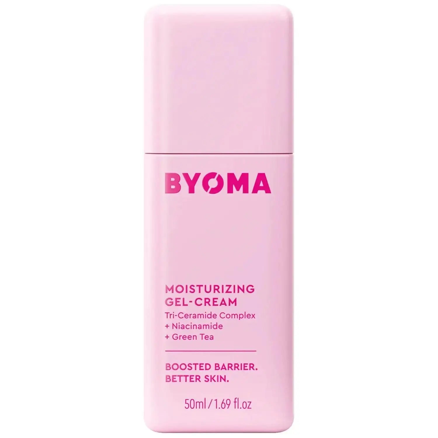 BYOMA Moisturising Gel Cream 50ml in a pink container, featuring Tri-Ceramide Complex and Niacinamide for hydration.