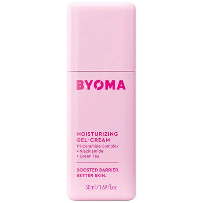 BYOMA Moisturising Gel Cream 50ml in a pink container, featuring Tri-Ceramide Complex and Niacinamide for hydration.