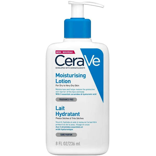 CeraVe Moisturising Lotion 236ml, dermatologist-developed, lightweight formula, hydrates dry skin with ceramides and hyaluronic acid.