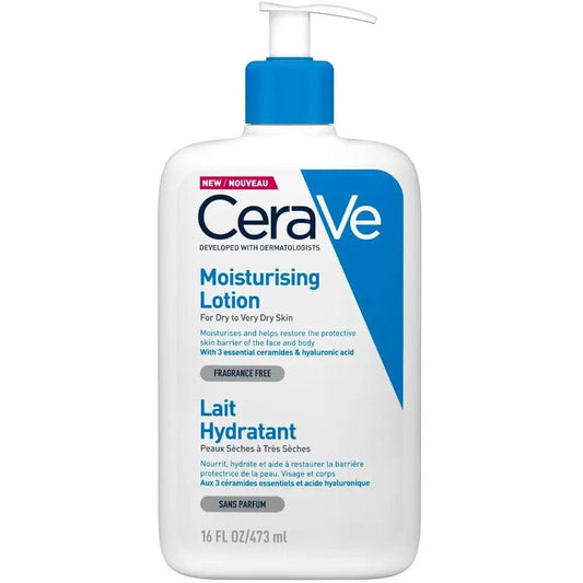 CeraVe Moisturising Lotion 473ml bottle designed for dry skin with essential ceramides and hyaluronic acid for hydration.