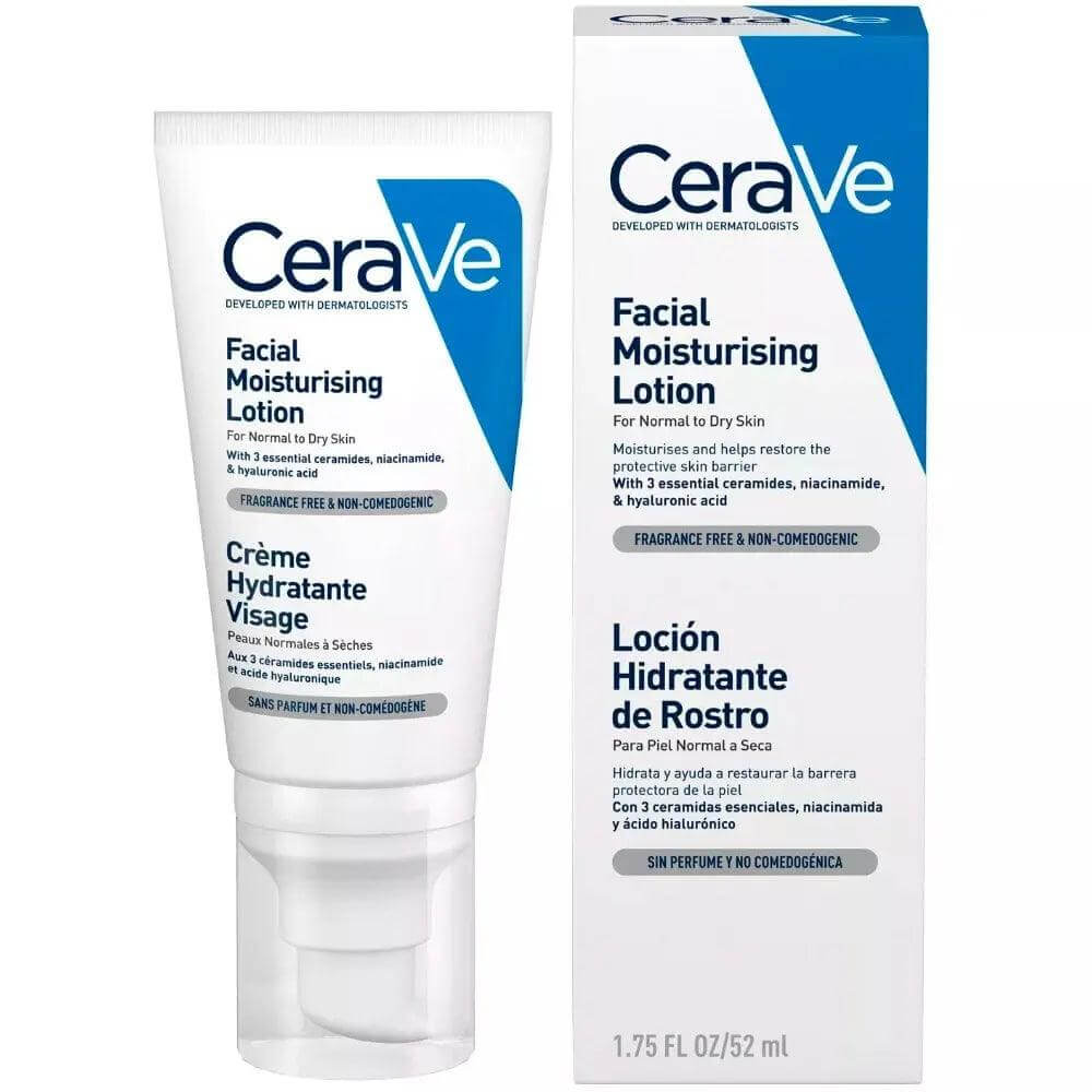 CeraVe Facial Moisturising Lotion 50ml, dermatologist-developed daily moisturizer with ceramides and hyaluronic acid.