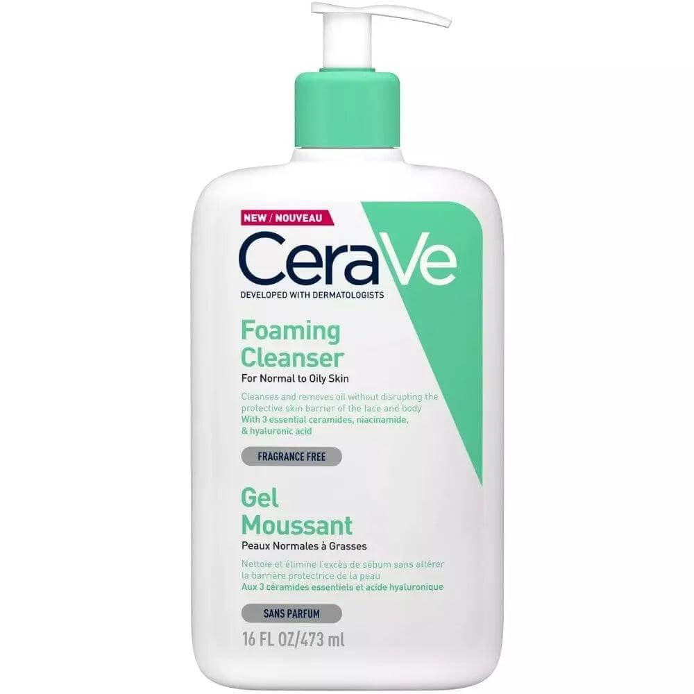 CeraVe Foaming Cleanser for oily to normal skin 473ml bottle with a pump dispenser, fragrance-free formula for gentle cleansing.