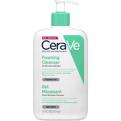 CeraVe Foaming Cleanser for oily to normal skin 473ml bottle with a pump dispenser, fragrance-free formula for gentle cleansing.