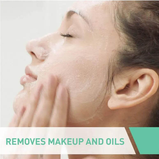 Woman using CeraVe Foaming Cleanser to remove makeup and excess oils from her face.