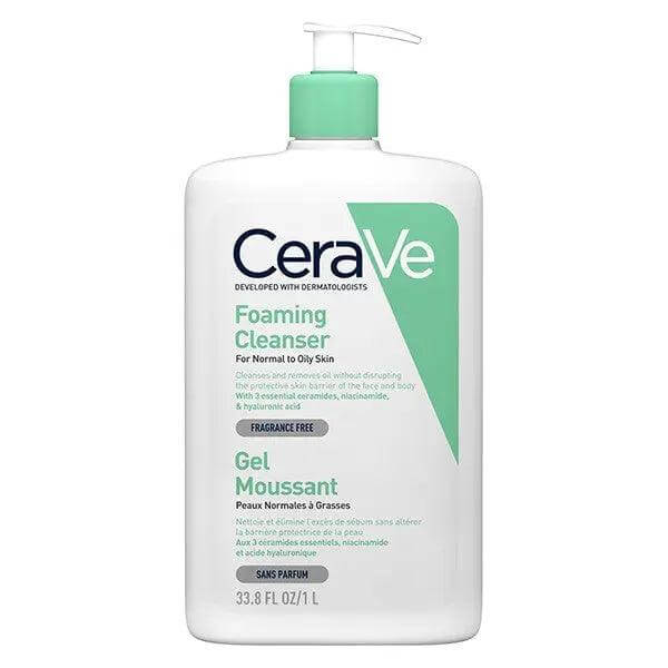 CeraVe Foaming Cleanser 1L for normal to oily skin, fragrance-free formula, developed with dermatologists.