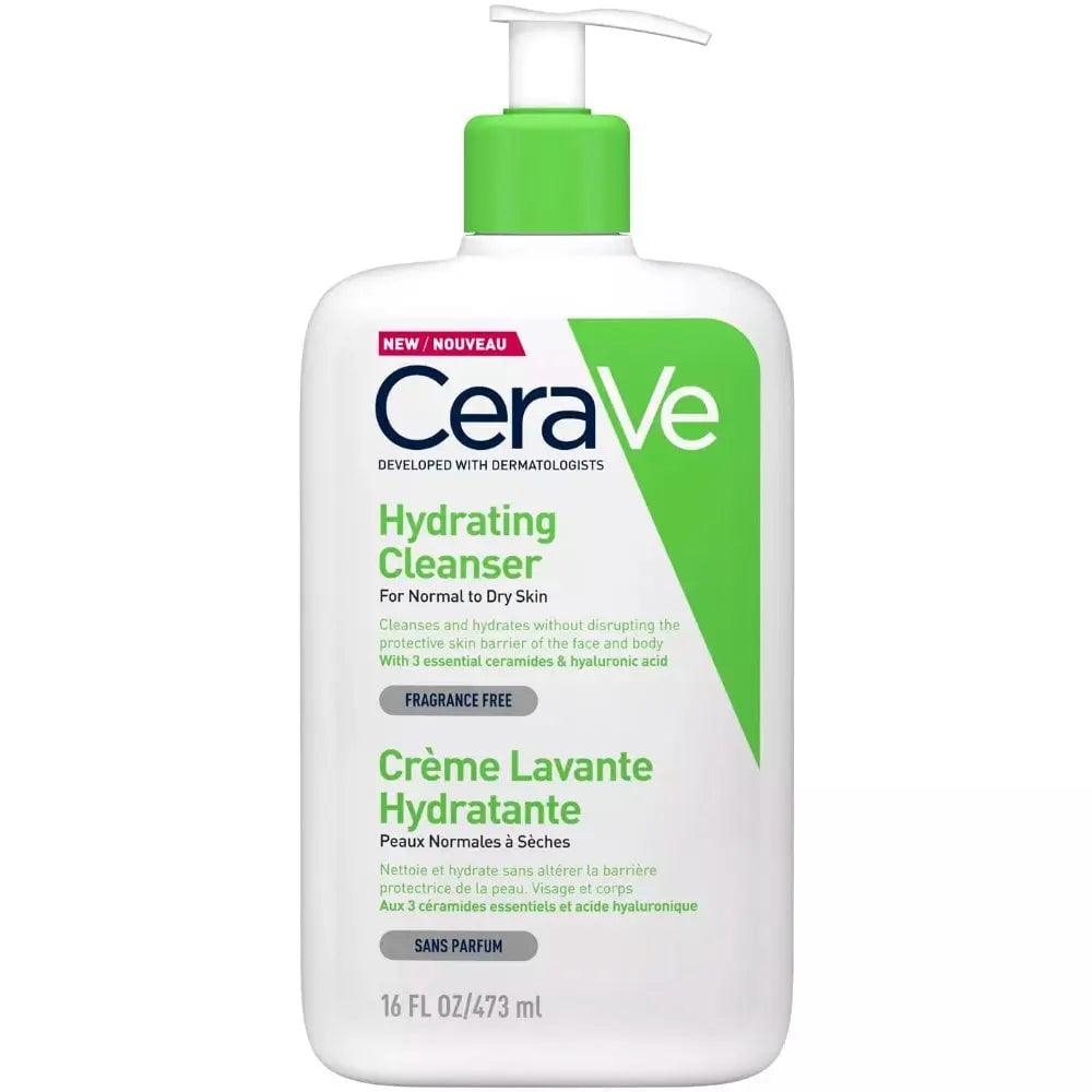 CeraVe Hydrating Cleanser 473ml bottle with green pump for normal to dry skin, dermatologist-developed and fragrance-free.