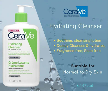 CeraVe Hydrating Cleanser 473ml bottle, suitable for normal to dry skin, fragrance-free, gentle hydrating formula.