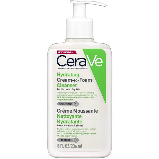 CeraVe Hydrating Cream to Foam Cleanser 236ml bottle for normal to dry skin, removes makeup and hydrates skin.