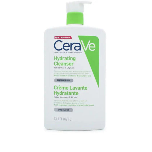 CeraVe Hydrating Cleanser 1L bottle, fragrance-free, for normal to dry skin, developed with dermatologists.