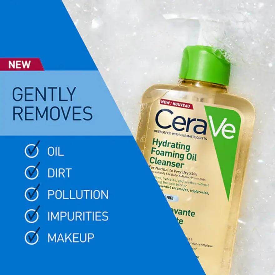CeraVe Hydrating Foaming Oil Cleanser 236ml, gentle daily cleanser for oil, dirt, pollution, impurities, and makeup removal.