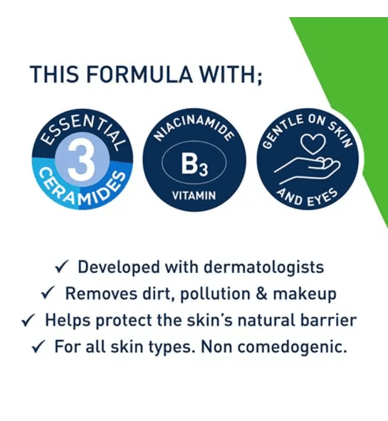 CeraVe Micellar Water formula highlights: essential ceramides, niacinamide, gentle on skin, dermatologically developed.