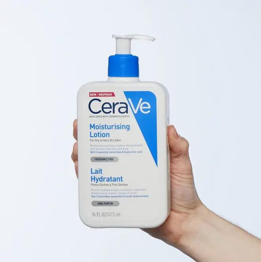CeraVe Moisturising Lotion 473ml in a hand, lightweight formula for dry skin with essential ceramides and hyaluronic acid.