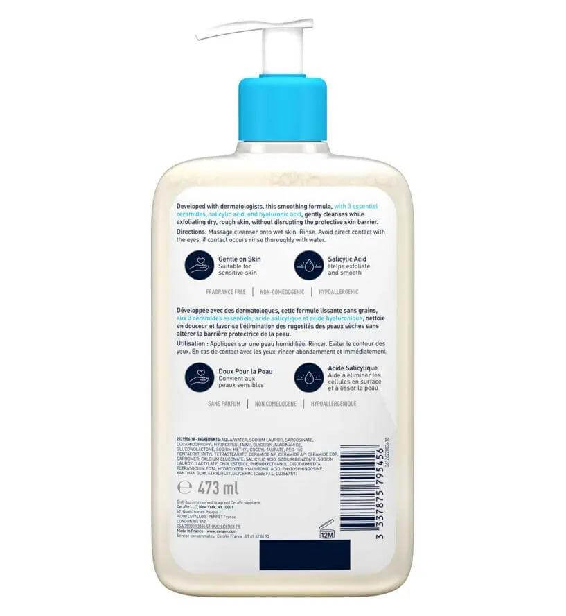 CeraVe Smoothing Cleanser 473ml bottle back view with ingredient details and usage instructions.