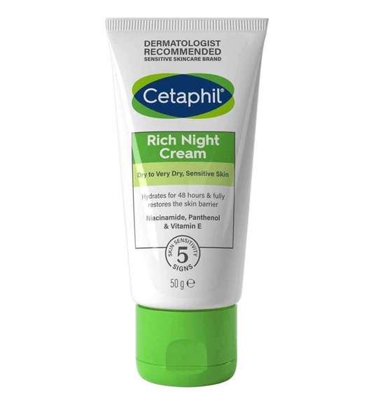 Cetaphil Rich Night Cream 50g tube with green cap, hydrates sensitive skin and restores moisture barrier.
