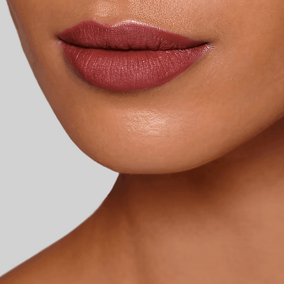 Close-up of lips wearing Charlotte Tilbury Hot Lips 2 in Viva La Vergara, a soft-wine matte lipstick.