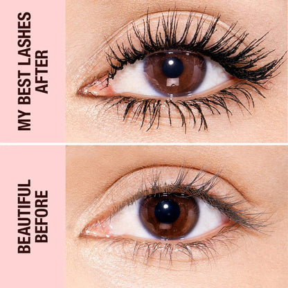Before and after comparison of lashes using Charlotte Tilbury Push Up Lashes Mascara, showcasing added volume and length.