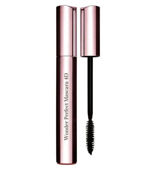 Clarins Wonder Perfect Mascara 4D 8ml with wand, enhances volume, length, and color for beautiful lashes.