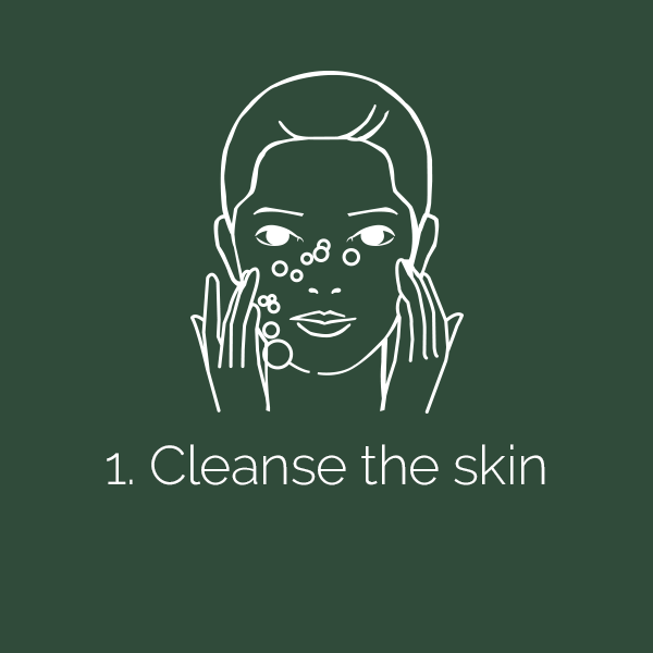 Illustration of a woman cleansing her skin with BeautyPro bubbles on her face, step 1 of skincare routine.